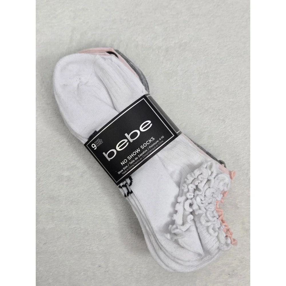 Bebe Womens No Show Socks 9 Pair Pack Ruffle Trim White Pink Grey Size 4-10 NEW